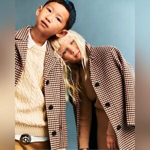 H&M Kids toddler Sz 1.5/2T Houndstooth Long Coat Old Money Tiktok Brown Plaid